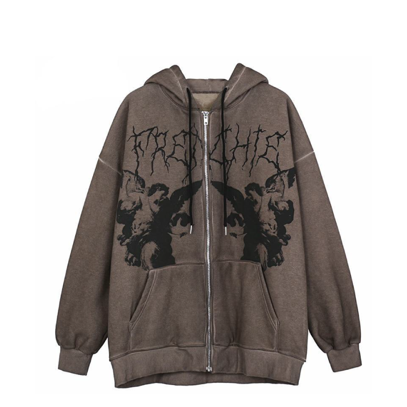 Gothic Angel Garment Dyed Zip Up Hoodie | Streetwear at Before the 