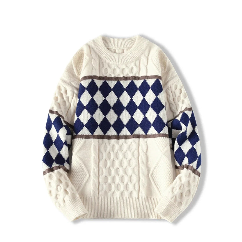 Cable Knit/Checkerboard Knitted Sweater-streetwear-techwear