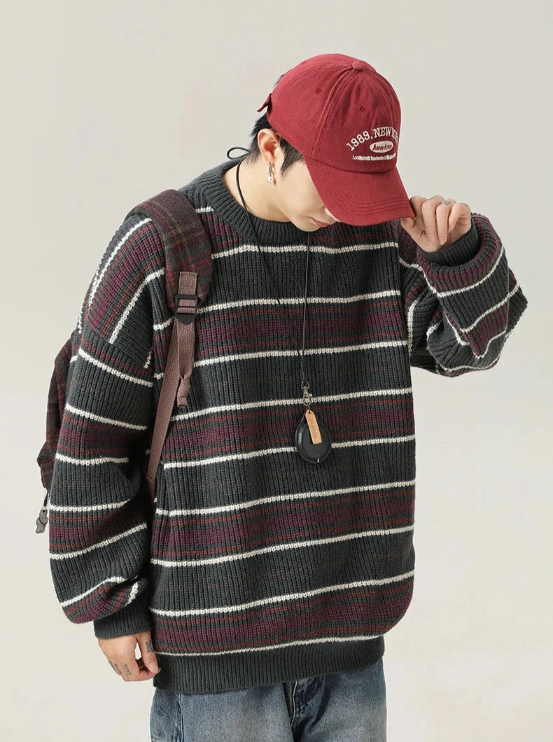 90's Style Rib Stripe Sweater-streetwear-techwear