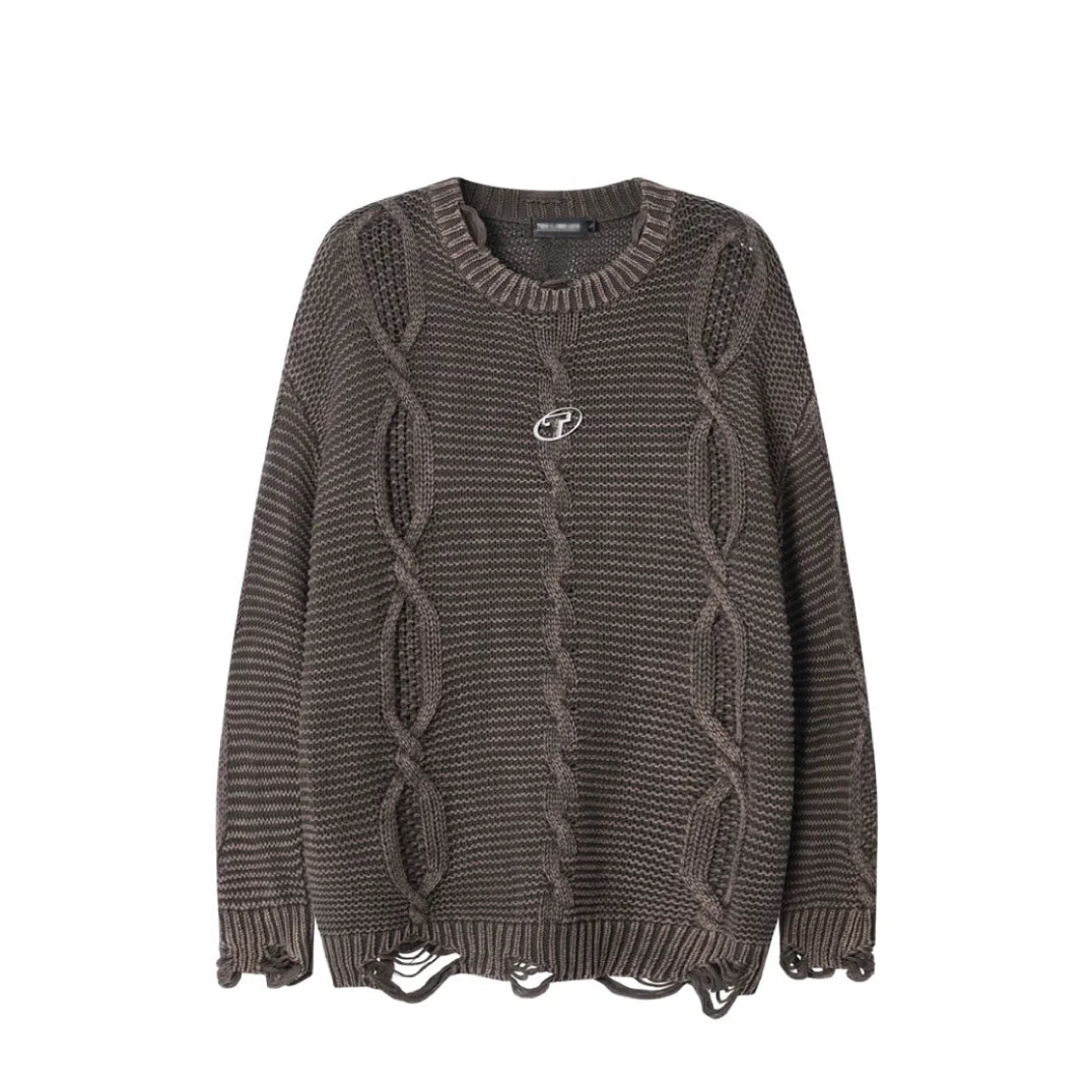 Acid Wash Cable Knit Sweater-streetwear-techwear