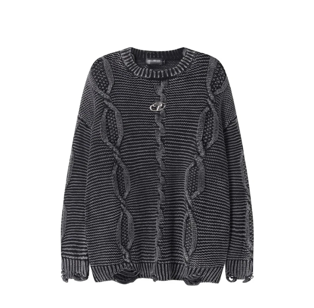 Acid Wash Cable Knit Sweater-streetwear-techwear