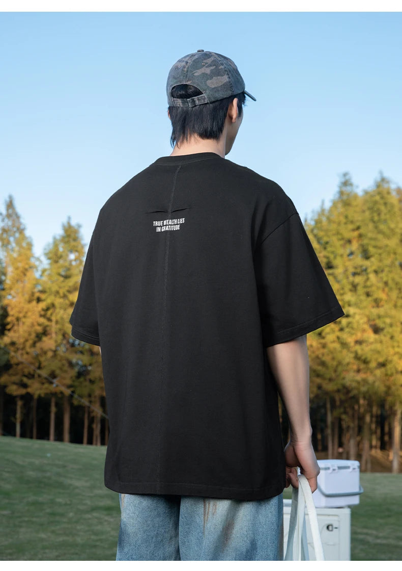 Back Seam Slogan Embroidered Drop Sleeve T-Shirt-streetwear-techwear