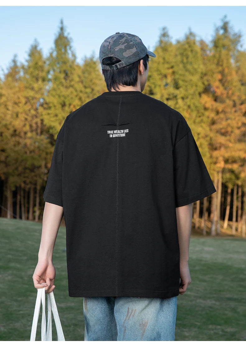 Back Seam Slogan Embroidered Drop Sleeve T-Shirt-streetwear-techwear