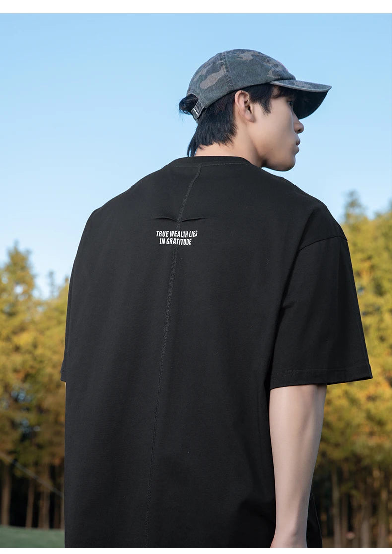 Back Seam Slogan Embroidered Drop Sleeve T-Shirt-streetwear-techwear