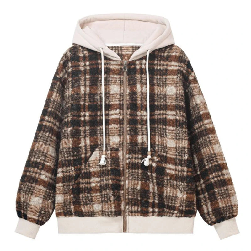 Boucle Plaid Zip-up Hooded Jacket-streetwear-techwear