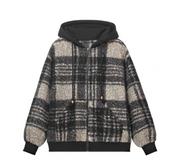 Boucle Plaid Zip-up Hooded Jacket-streetwear-techwear