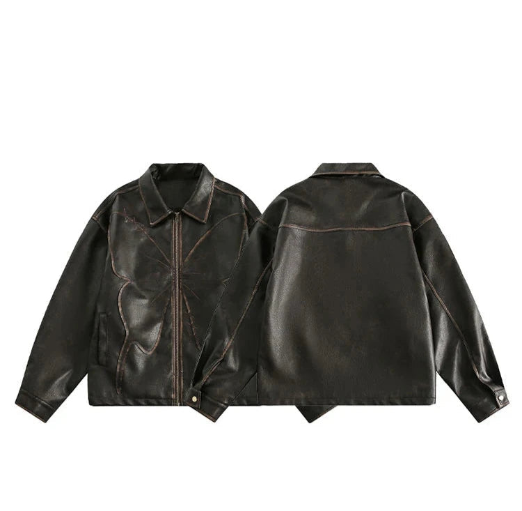 Butterfly Embossed Faux Leather Jacket-streetwear-techwear