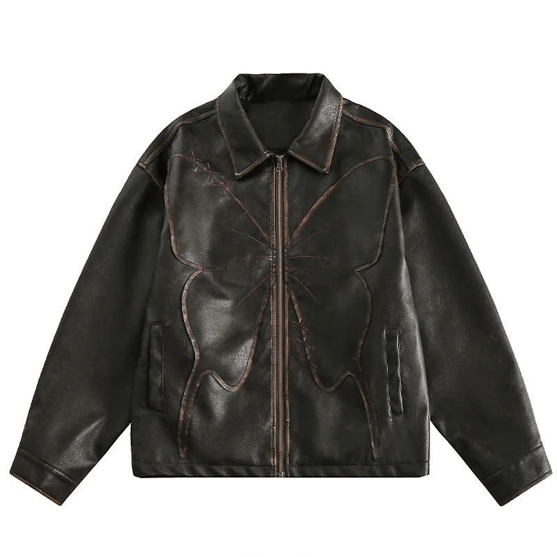 Butterfly Embossed Faux Leather Jacket-streetwear-techwear