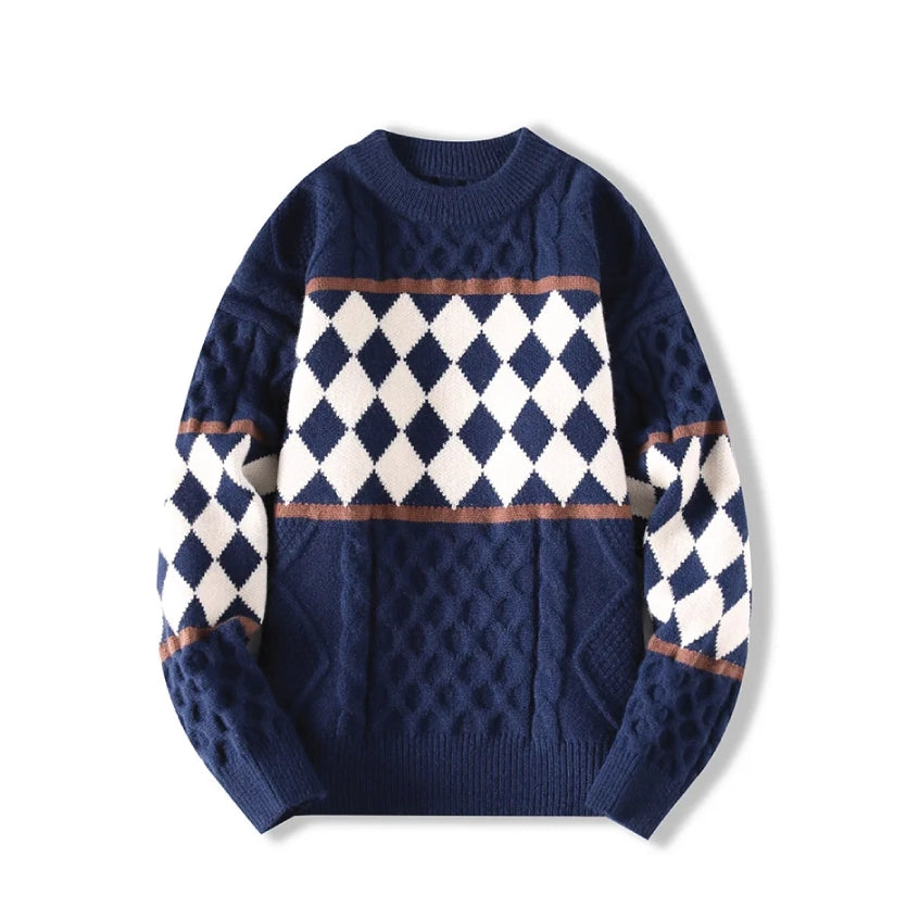 Cable Knit/Checkerboard Knitted Sweater-streetwear-techwear