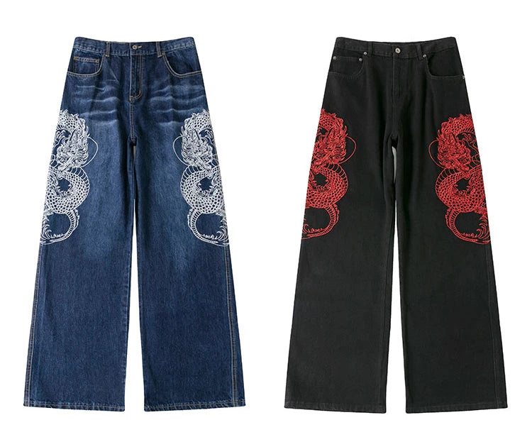 Embroidered Dragon Y2k Jeans-streetwear-techwear