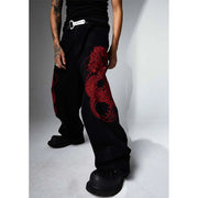 Embroidered Dragon Y2k Jeans-streetwear-techwear