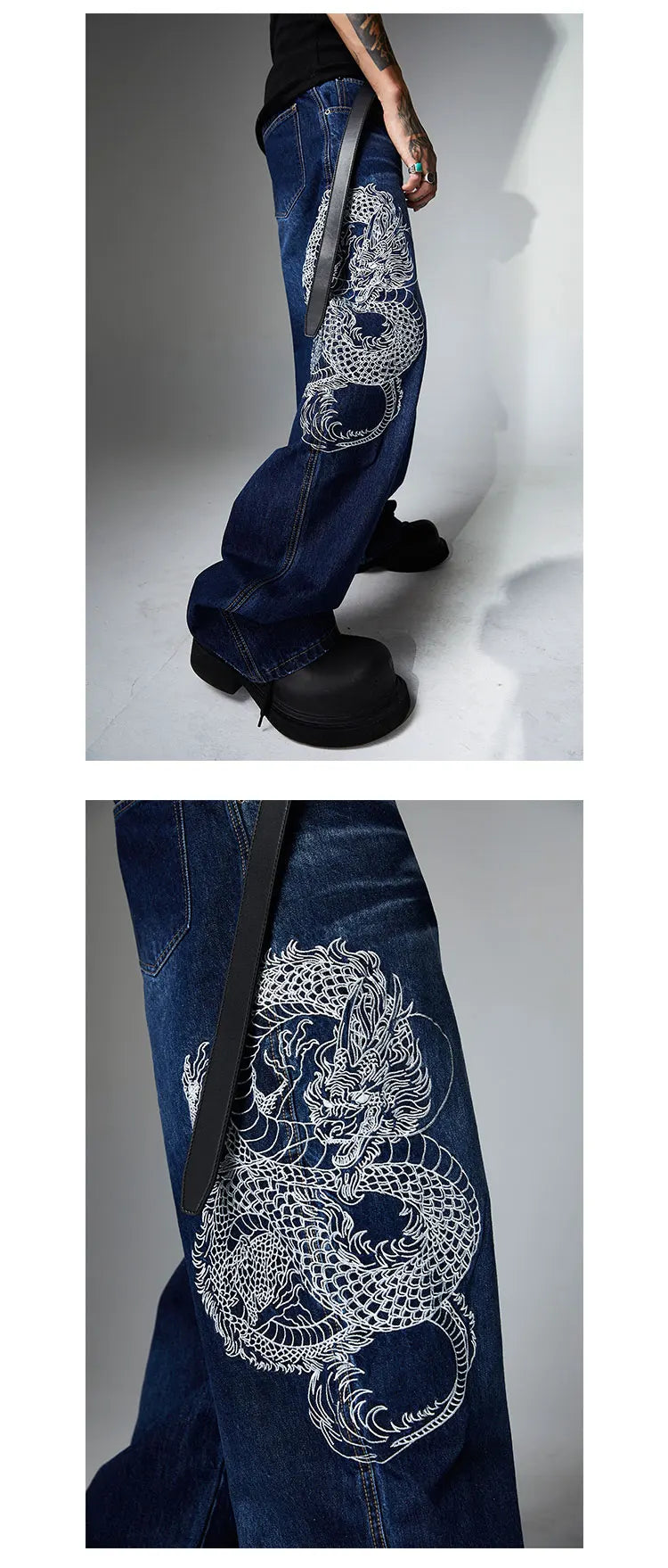 Embroidered Dragon Y2k Jeans-streetwear-techwear