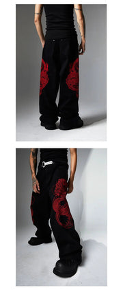 Embroidered Dragon Y2k Jeans-streetwear-techwear