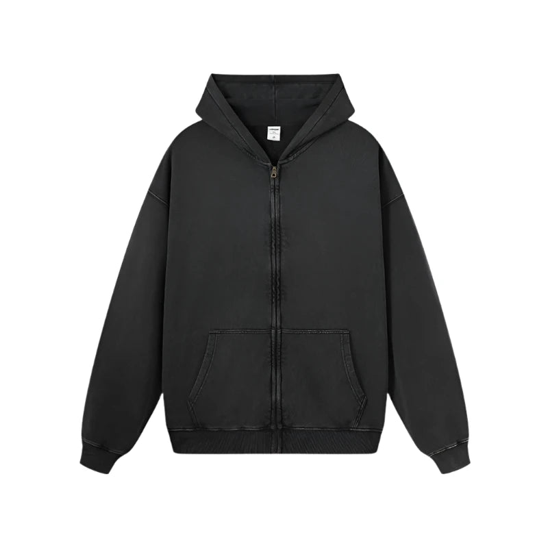 Essential Heavyweight Acid-wash Zip-up Hoodie-streetwear-techwear