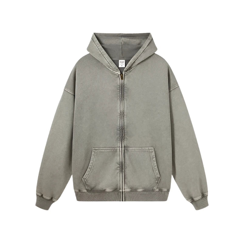 Essential Heavyweight Acid-wash Zip-up Hoodie-streetwear-techwear