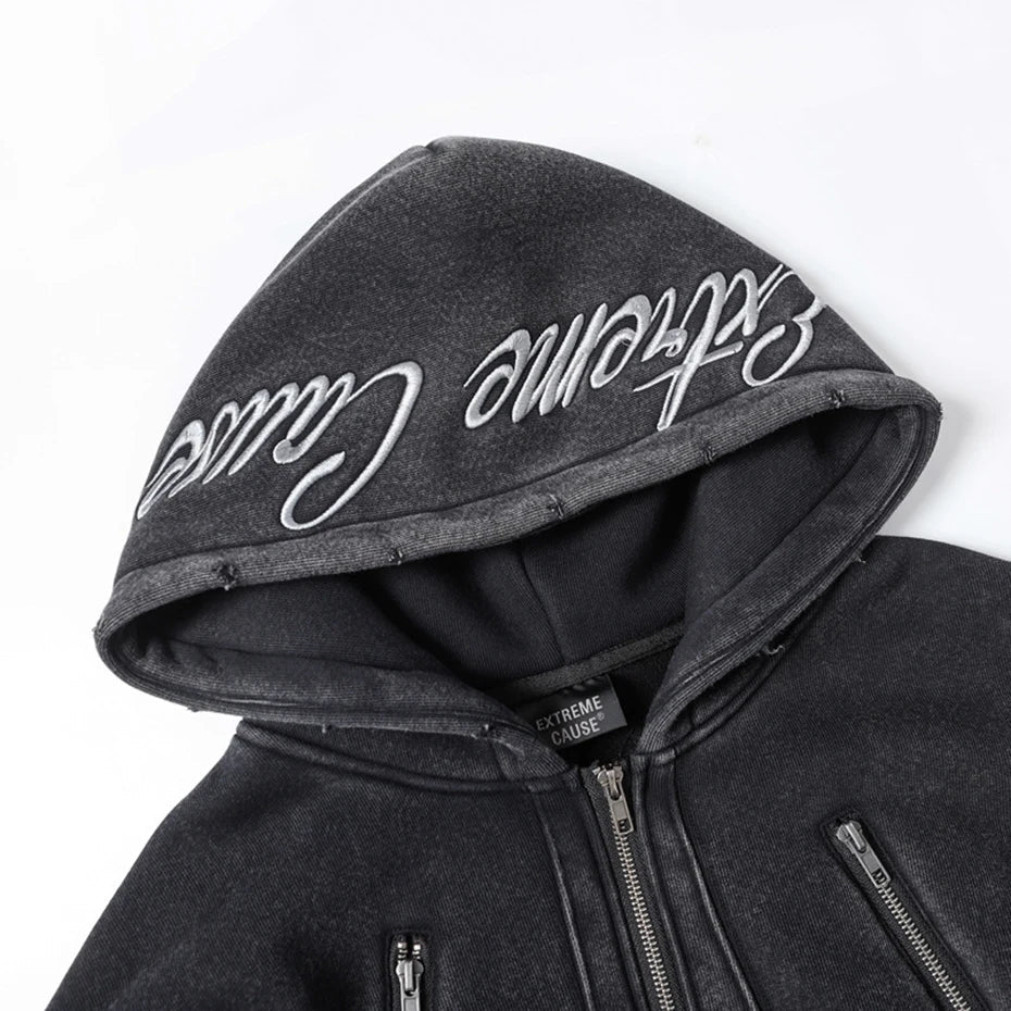 'Extreme Cause' Acid Wash Zip-up Hoodie-streetwear-techwear