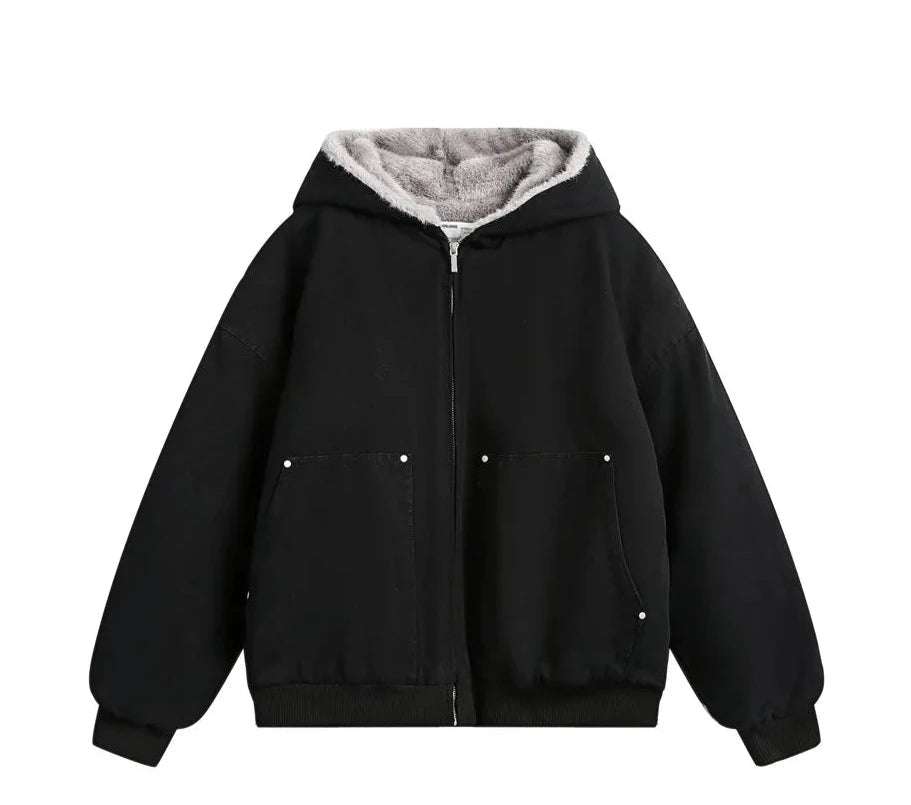 Faux Fur Lined Washed Canvas Hooded Jacket-streetwear-techwear