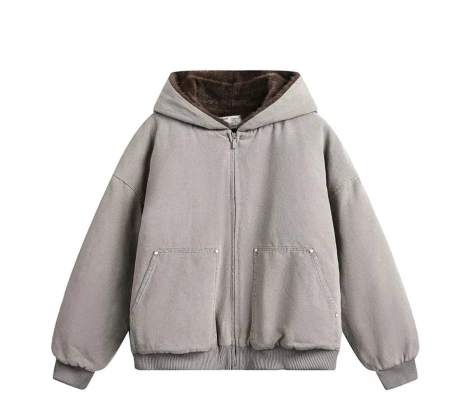 Faux Fur Lined Washed Canvas Hooded Jacket-streetwear-techwear