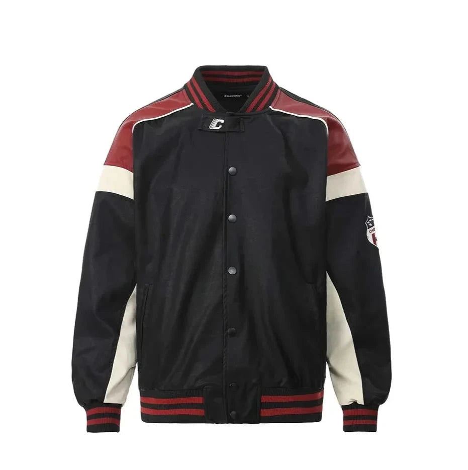 Faux Leather Retro Varsity Jacket-streetwear-techwear