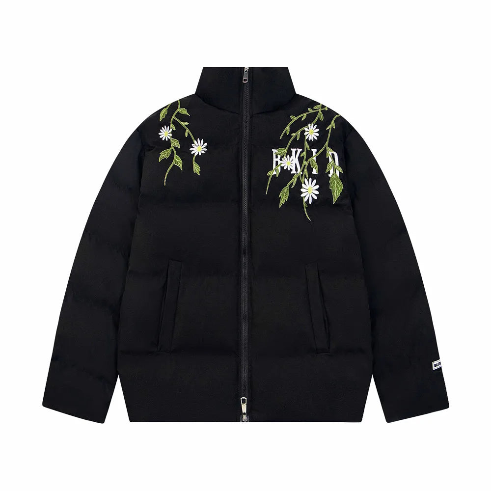 Flower Embroidery Puffer Jacket-streetwear-techwear