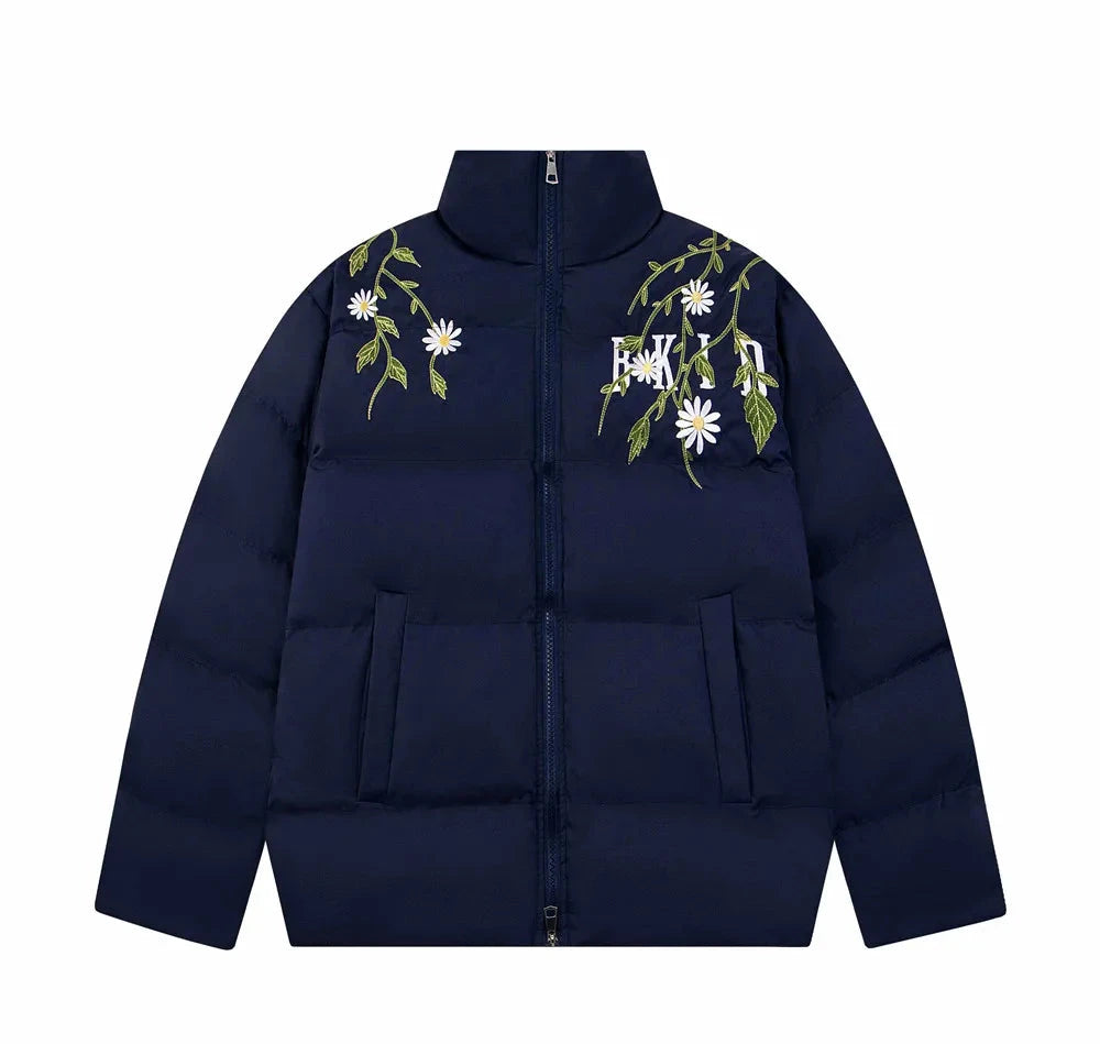 Flower Embroidery Puffer Jacket-streetwear-techwear