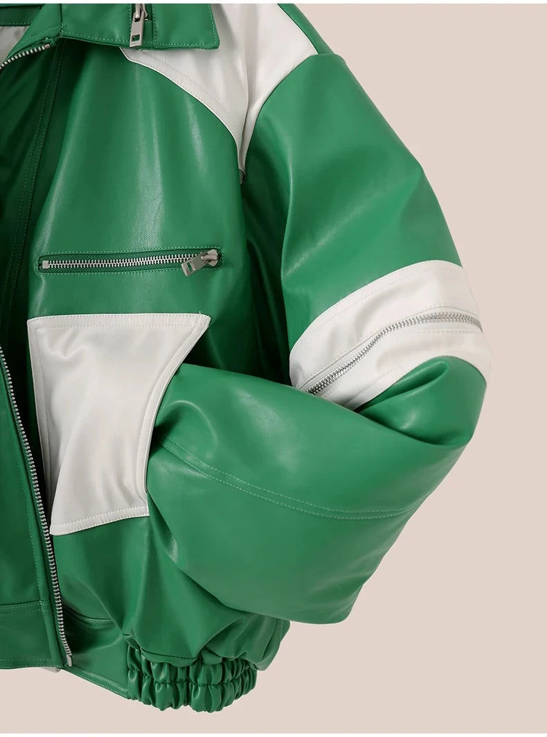 Green Faux Leather Cropped Moto Jacket-streetwear-techwear