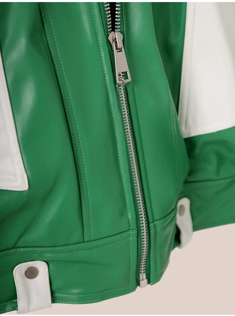 Green Faux Leather Cropped Moto Jacket-streetwear-techwear