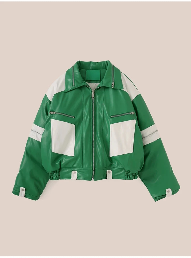 Green Faux Leather Cropped Moto Jacket-streetwear-techwear