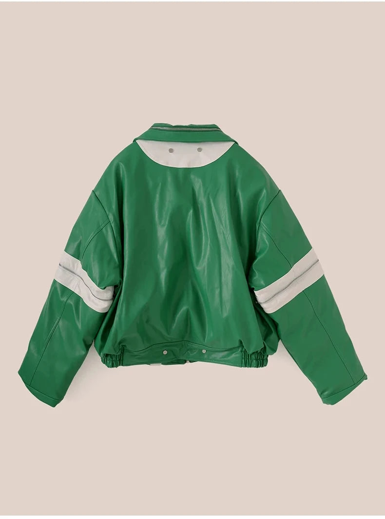 Green Faux Leather Cropped Moto Jacket-streetwear-techwear