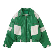 Green Faux Leather Cropped Moto Jacket-streetwear-techwear