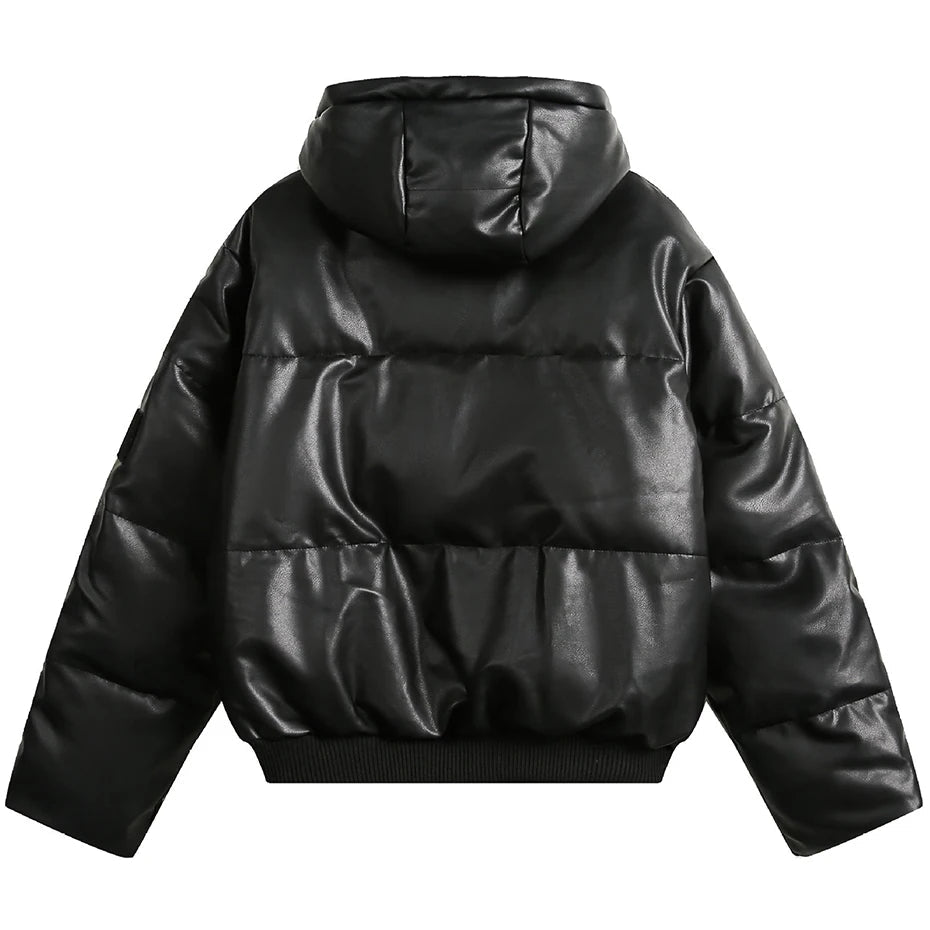 Leather Look Hooded Puffer Jacket-streetwear-techwear