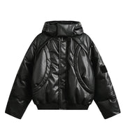 Leather Look Hooded Puffer Jacket-streetwear-techwear