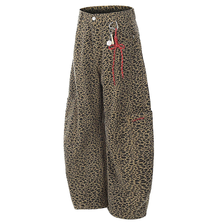 Leopard Print Keychain Barrel Leg Pants-streetwear-techwear