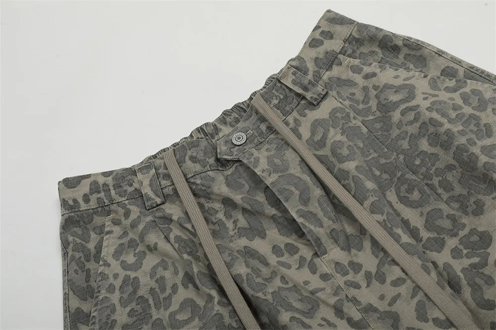 Leopard Print Pleated Knee Ripstop Pants-streetwear-techwear