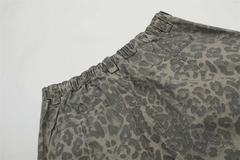 Leopard Print Pleated Knee Ripstop Pants-streetwear-techwear