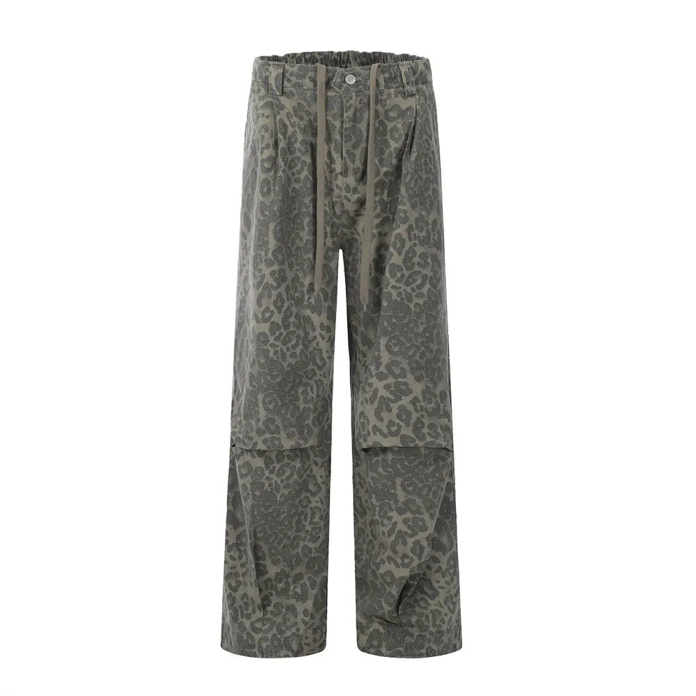 Leopard Print Pleated Knee Ripstop Pants-streetwear-techwear