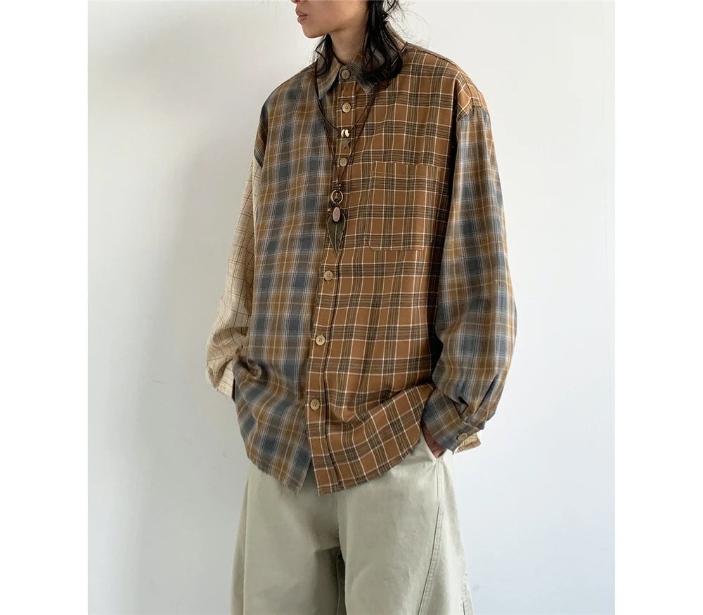 Mixed Check Long Sleeve Shirt-streetwear-techwear