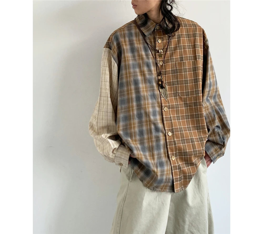 Mixed Check Long Sleeve Shirt-streetwear-techwear