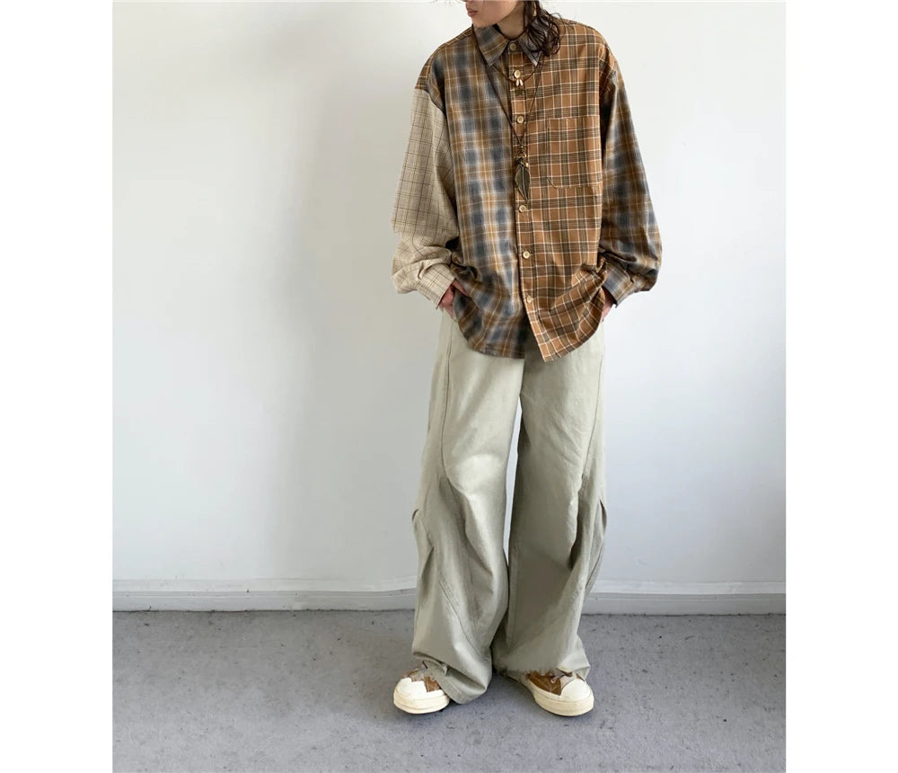 Mixed Check Long Sleeve Shirt-streetwear-techwear