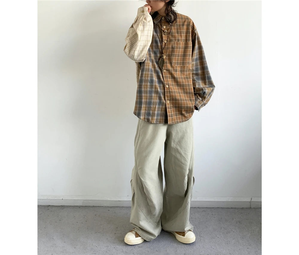 Mixed Check Long Sleeve Shirt-streetwear-techwear