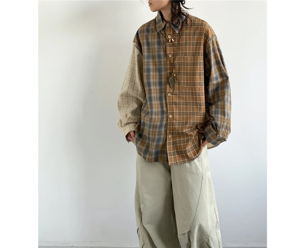 Mixed Check Long Sleeve Shirt-streetwear-techwear