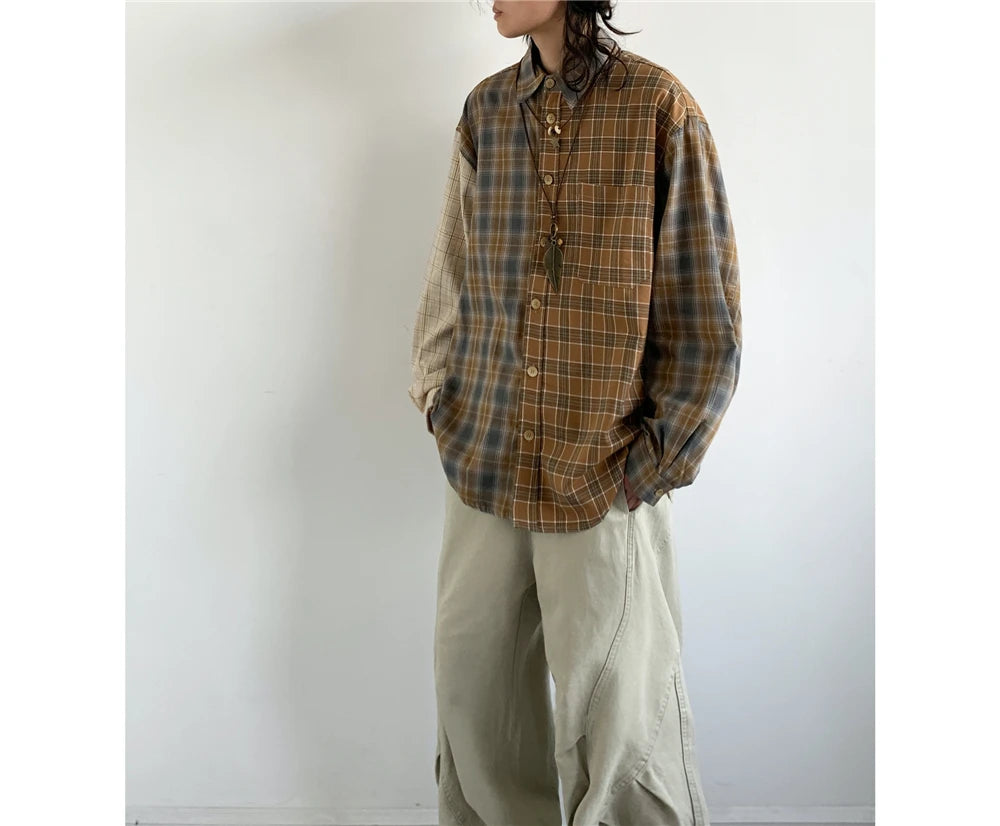 Mixed Check Long Sleeve Shirt-streetwear-techwear