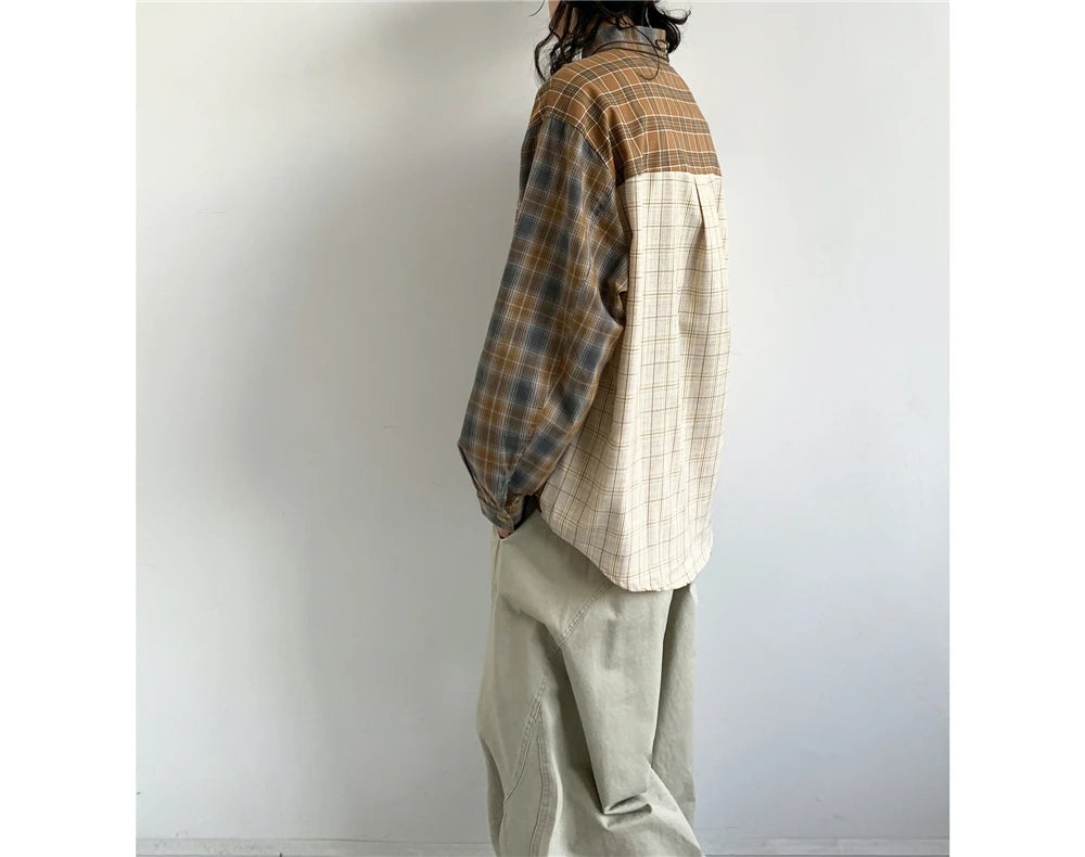 Mixed Check Long Sleeve Shirt-streetwear-techwear