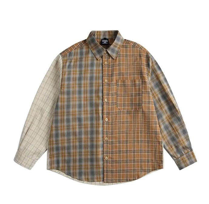 Mixed Check Long Sleeve Shirt-streetwear-techwear