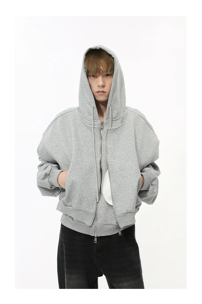 Mock Double Layer Boxy Zip-up Hoodie-streetwear-techwear