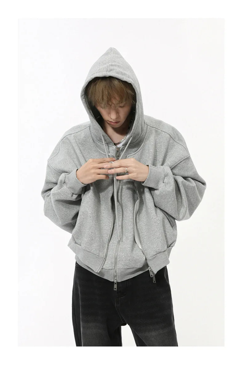 Mock Double Layer Boxy Zip-up Hoodie-streetwear-techwear