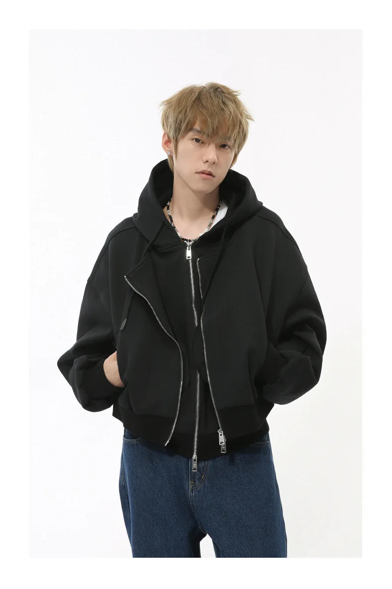 Mock Double Layer Boxy Zip-up Hoodie-streetwear-techwear