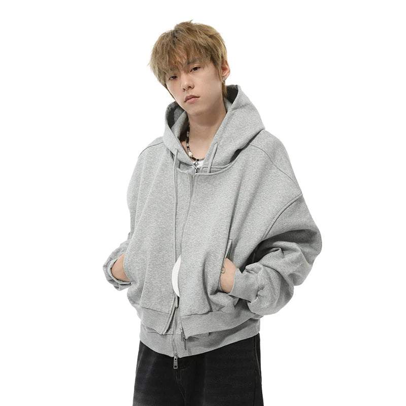 Mock Double Layer Boxy Zip-up Hoodie-streetwear-techwear