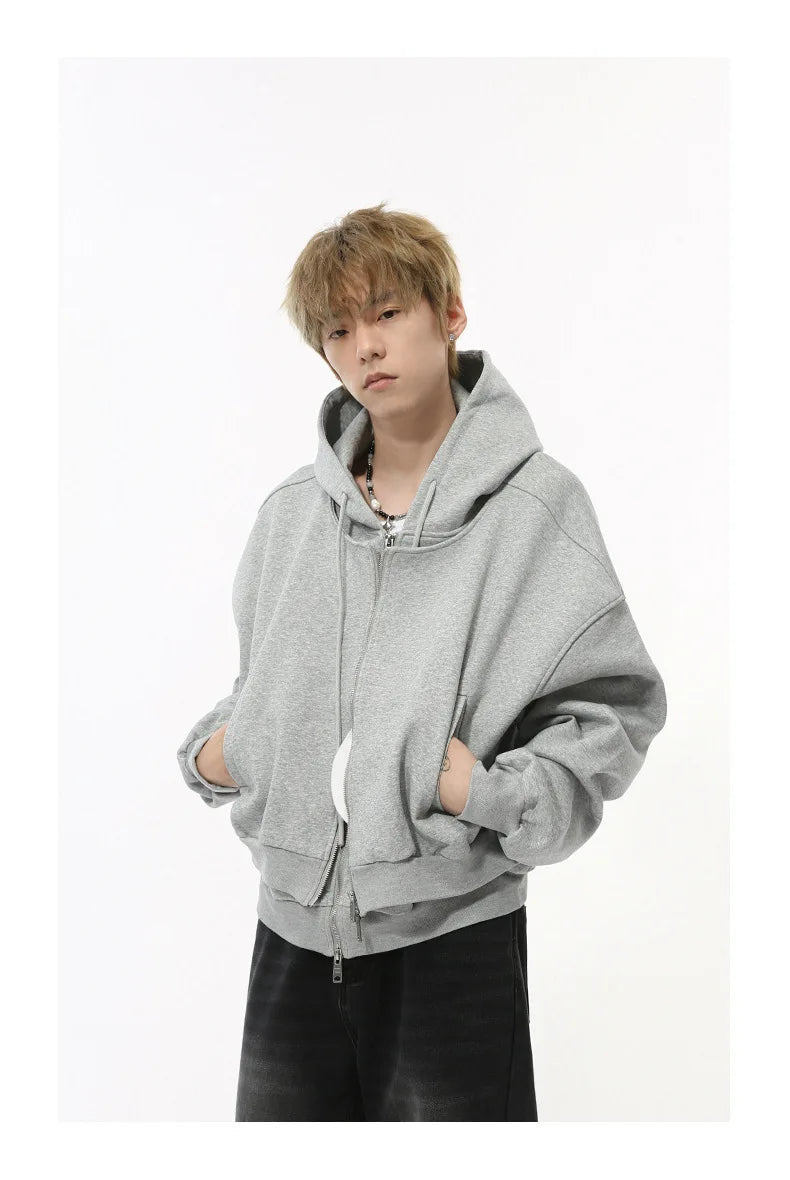 Mock Double Layer Boxy Zip-up Hoodie-streetwear-techwear