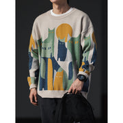 Moonlit Cat Crew Sweater-streetwear-techwear